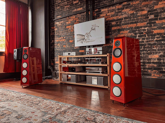 A pair of Von Schweikert Audio VR.thirty loudspeakers in cadmium red on the Absoulute AV demonstration floor